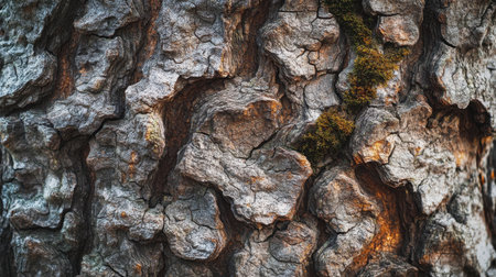 A close-up of the massive trunk of a big tree, with rough, textured bark and moss growing on its surface, showing the tree's age and resilience.の素材