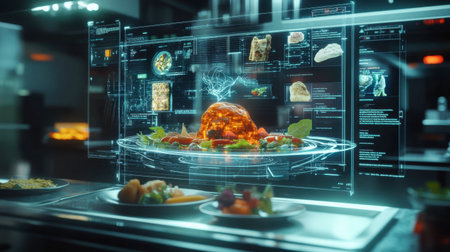 A digital chef using AI to craft the perfect meal, showing a futuristic screen displaying a 3D rendering of the food being created before it's physically prepared.の素材