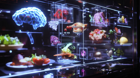 A digital interface showing an AI system creating food pairings, with holographic images of meals and ingredients floating in the air, showcasing food tech innovation.の素材