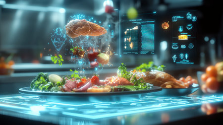 A digital interface showing an AI system creating food pairings, with holographic images of meals and ingredients floating in the air, showcasing food tech innovation.の素材