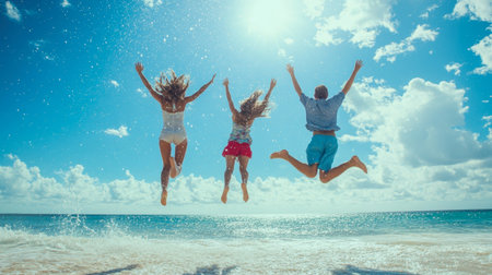 A family jumping together in the air on the beach, capturing a joyful moment against a bright blue sky and sparkling ocean backdrop.の素材