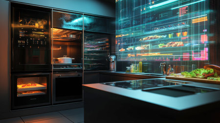 A digital kitchen with AI software running the show, where a meal's entire creation process is projected holographically, with data flowing through vibrant visual displays.の素材