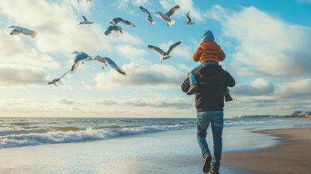 A father carrying his son on his shoulders while walking along the beach, with seagulls flying overhead and the ocean in the background.の素材