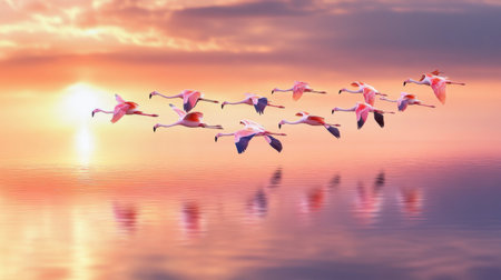 A flock of pink flamingos flying over a tranquil saltwater lagoon, with their reflection mirrored in the water below.の素材