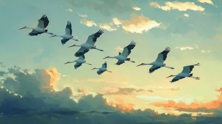 A flock of storks flying across the evening sky, their long legs trailing behind as they head towards their roost.の素材
