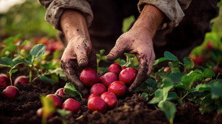 A farmer's hands gently harvesting ripe red ground fruits from the earth, showcasing the connection between nature and human labor, set against a backdrop of lush farmland.の素材