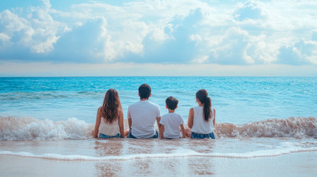 A family sitting in a row on the beach, their backs to the camera as they watch the waves roll in, enjoying the peaceful ocean view.の素材