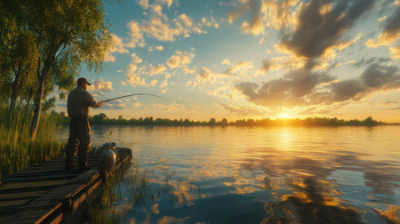 A fisherman reeling in a large fish from the edge of a dock, with the shimmering water and a beautiful sunset in the background.の素材