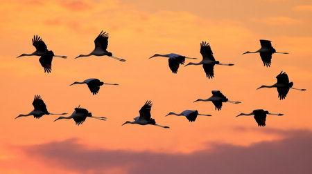 A flock of storks flying across the evening sky, their long legs trailing behind as they head towards their roost.の素材