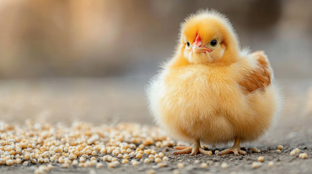A fluffy Cochin chicken with feathered legs pecking at grains on the ground, its round body creating a comical yet cute look.の素材