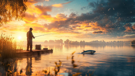 A fisherman reeling in a large fish from the edge of a dock, with the shimmering water and a beautiful sunset in the background.の素材
