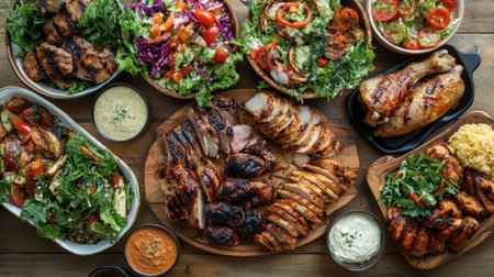 A feast of grilled pork and chicken, served on a rustic wooden table with fresh salads, sauces, and a variety of side dishes.の素材