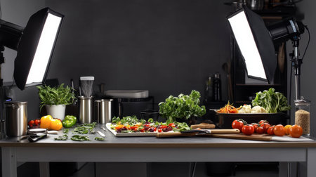 A food photography setup with an AI system controlling lighting, arrangement, and styling to create the perfect digital image of a freshly prepared meal.の素材