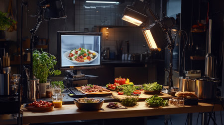 A food photography setup with an AI system controlling lighting, arrangement, and styling to create the perfect digital image of a freshly prepared meal.の素材