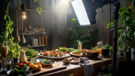 A food photography setup with an AI system controlling lighting, arrangement, and styling to create the perfect digital image of a freshly prepared meal.の素材