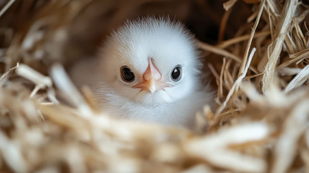 A fluffy Silkie chick peeking out from a bed of straw, its downy feathers making it look like a little cotton ball.の素材