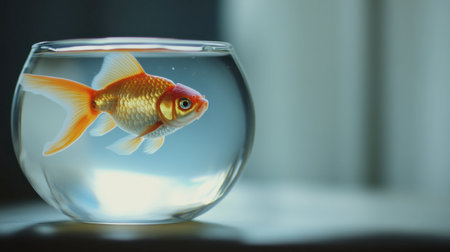 A goldfish swimming gracefully in a small glass bowl, its delicate fins creating ripples in the clear water, representing simple pet care.の素材