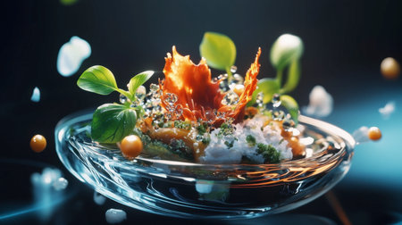 A gourmet dish visualized through an AI interface, featuring AI-generated ingredients and aesthetic, futuristic plating designed for an upscale digital dining experience.の素材