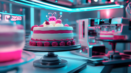 A futuristic bakery where an AI operates 3D food printers to bake cakes, with precision layers and intricate designs, blending digital art with food.の素材