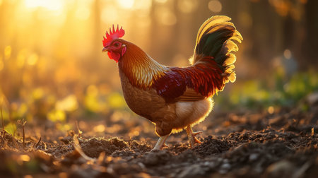 A Golden Comet chicken scratching the dirt in search of food, its red and golden feathers shining in the late afternoon light.の素材