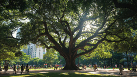 A grand tree in the center of an urban park, surrounded by people walking and biking, its thick branches creating a natural contrast with the city skyline.の素材