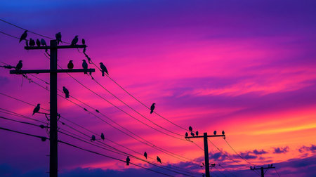 A group of colorful birds resting on power lines at dusk, their silhouettes creating an artistic pattern in the sky.の素材