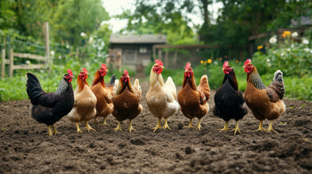 A group of Orpington chickens of various colors, scratching at the dirt in a spacious farmyard.の素材