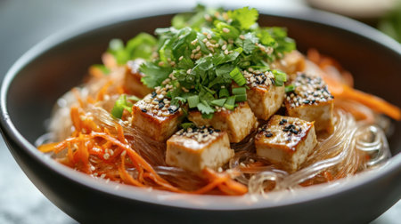 A heaping bowl of glass noodles with marinated tofu, shredded carrots, and a drizzle of spicy sesame dressing.の素材