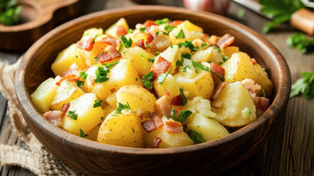 A hearty serving of German potato salad, made with boiled potatoes, vinegar, bacon, and onions, served warm.の素材