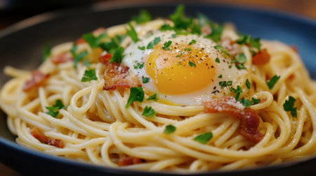 A heaping plate of spaghetti carbonara, with crispy bacon, egg yolk, and fresh parsley adding richness to the dish.の素材