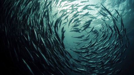 A large school of sardines moving in unison underwater, creating a mesmerizing visual of synchronized fish movement in the ocean.の素材