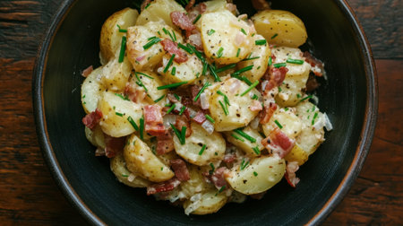 A hearty serving of German potato salad, made with boiled potatoes, vinegar, bacon, and onions, served warm.の素材