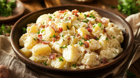 A hearty serving of German potato salad, made with boiled potatoes, vinegar, bacon, and onions, served warm.の素材
