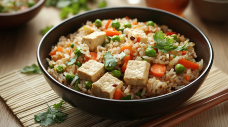 A healthy version of fried rice made with brown rice, tofu, and fresh vegetables, served in a modern, minimalist setting.の素材