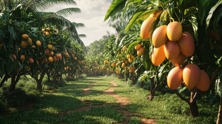 A lush tropical garden scene with mango trees heavy with fruit, ready to be harvested.の素材