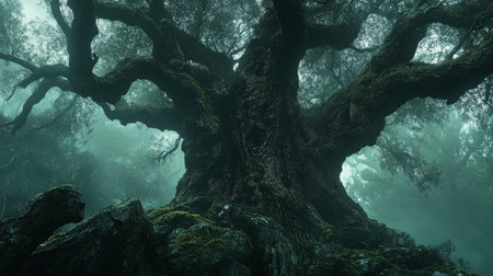 A massive tree with intricate bark patterns and sprawling branches covered in green moss, standing alone in a foggy and mystical forest.の素材