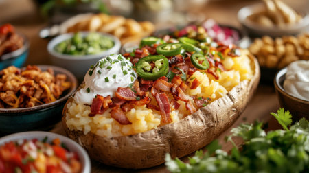 A loaded baked potato bar with various toppings like sour cream, chives, shredded cheese, bacon bits, and jalapeos.の素材