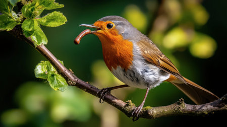 A male robin with its bright orange chest, perched on a branch with a worm in its beak, ready to feed its young.の素材