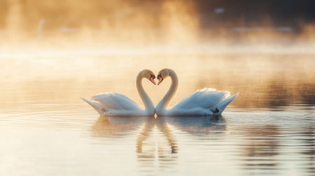 A pair of swans gliding elegantly across a serene lake, their necks curved in unison to form a heart shape.の素材