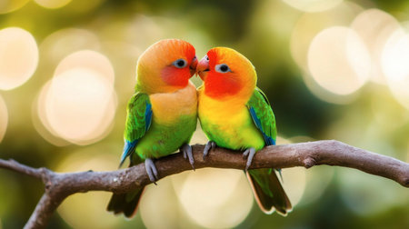 A pair of lovebirds sitting closely together on a branch, their colorful feathers and affectionate pose creating a romantic scene.の素材
