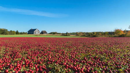 A panoramic view of a sprawling field of red ground fruits under a clear blue sky, with a small rustic farmhouse in the background, illustrating the beauty of rural landscapes.の素材