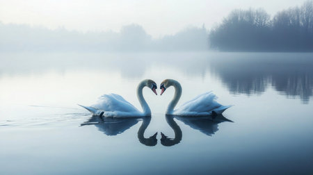 A pair of swans gliding elegantly across a serene lake, their necks curved in unison to form a heart shape.の素材