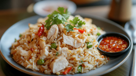 A plate of fried rice with chicken, served with a spicy chili sauce on the side, perfect for adding an extra kick of flavor.の素材