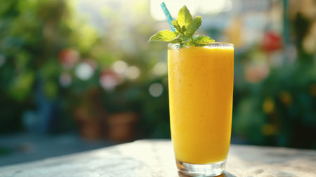 A refreshing glass of mango smoothie topped with a sprig of mint, served on a sunny outdoor table.の素材