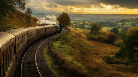 A scenic railway winding through the countryside, with a vintage train traveling along the tracks.の素材