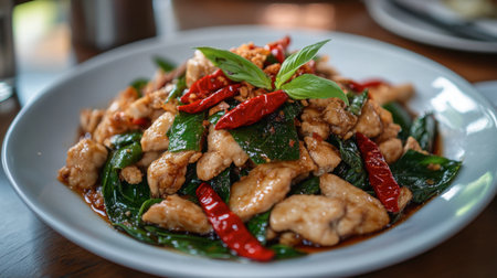 A plate of fried basil with chicken, with fresh Thai chili peppers adding a pop of color and spice to the delicious meal.の素材