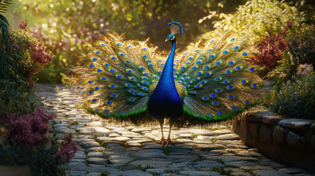 A peacock standing tall on a stone path, with its iridescent tail feathers fanned out in a mesmerizing display.の素材