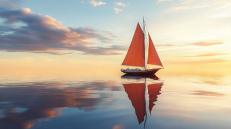 A picturesque sailboat gliding across calm wa.ters, representing leisurely transportation by seaの素材