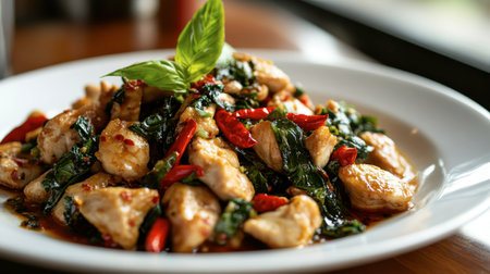 A plate of fried basil with chicken, with fresh Thai chili peppers adding a pop of color and spice to the delicious meal.の素材