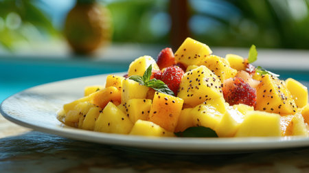 A refreshing plate of tropical fruit salad, including mango, pineapple, and papaya, served poolside on a hot day.の素材